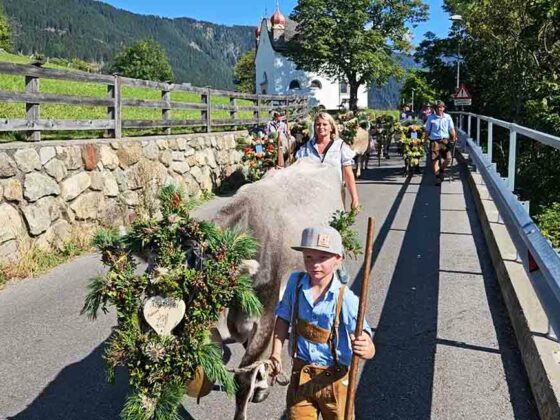 Feierlicher Almabtrieb von der Gogles Alm nach Fließ im Tiroler Oberland